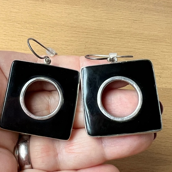 VINTAGE ONYX 925 SS LARGE OVERSIZED STATEMENT DROP DANGLE GEOMETRIC EARRINGS